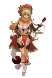 1girls absurdres adapted_costume bandaged_leg bandages bandeau bare_shoulders barefoot black_gloves blonde_hair breasts bridal_gauntlets cleavage commission cosplay dark_skin elbow_gloves fake_horns female female female_only fire_emblem fire_emblem:_the_binding_blade fire_emblem_heroes fur_collar fur_trim gloves highres horned_headwear horned_mask horns igrene_(fire_emblem) instrument japanese_clothes large_breasts long_hair looking_at_viewer mask midriff navel nintendo pelvic_curtain ritence sarashi side_slit simple_background smile solo very_long_hair white_background yellow_eyes