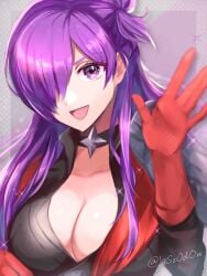 1girls armor asymmetrical_clothes bangs breasts cape choker cleavage deep_cleavage female female_only fire_emblem fire_emblem:_three_houses fire_emblem_warriors:_three_hopes gloves hair_bun hair_over_one_eye highres large_breasts liszodow long_hair looking_at_viewer nintendo open_mouth purple_eyes purple_hair shez_(female)_(fire_emblem) shez_(fire_emblem) simple_background single_hair_bun smile solo waving youhei_choregi