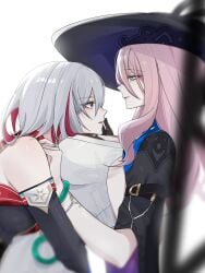 2girls blue_eyes female female_focus female_only hat head_on_breasts honkai:_star_rail honkai_(series) jade_(honkai:_star_rail) large_breasts large_hat light-skinned_female light_skin long_hair looking_at_partner pink_hair seol_(artist) short_hair silver_eyes smile smiling smiling_at_partner tagme topaz_(honkai:_star_rail) white_hair yuri