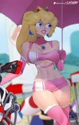 1girls big_breasts blonde_hair blue_eyes blurry_background booty_shorts breasts busty cleavage crown curvy earrings elbow_gloves flytrapxx gloves hourglass_figure jewelry legs_together light_skin light_skinned_female lips lipstick long_hair mario_(series) mario_kart motorcycle necklace nintendo outdoors outside patreon_username pink_clothing pink_lipstick pink_shorts ponytail princess princess_peach race_queen revealing_clothes royalty shiny_skin short_shorts shorts slim_waist slutty_outfit small_waist sports_bra standing thick thick_thighs thighhighs thighs thin_waist tight_clothing umbrella underboob wide_hips