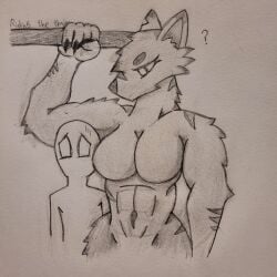 absurd_res anthro breasts canid canine canis claws duo female hi_res human larger_female looking_down male male/female mammal midriff muscular muscular_female scar size_difference skinny_male smaller_male strong_female swuang wolf worried