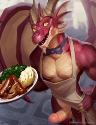 anthro apron blizzard_entertainment bow_tie brown_body brown_horn brown_scales clothed clothing dracthyr dracthyr_male dragon enkiefa european_mythology food genitals horn humanoid male male_only mashed_potatoes meat mythological_creature mythological_scalie mythology penis red_body red_scales sausage scales scalie serving_food solo solo_male topless warcraft western_dragon yellow_eyes