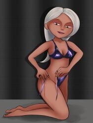 1girls 2d artist_request bra color disney female green_eyes human kneeling lace lace-trimmed_panties long_hair mirage_(the_incredibles) panties pixar solo striptease the_incredibles undressing white_hair