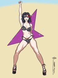 1girls artist_signature bikini black_hair blue_eyes high_heels ironsiderodger kill_la_kill light-skinned_female light_skin matoi_ryuuko open_toe_shoes painted_fingernails painted_nails painted_toenails red_fingernails red_strand_of_hair red_toenails sparkles swimsuit