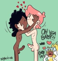 1girls 2boys adventure_time artist_name being_watched black_hair blightstar blurry_background blush bystander cake_the_cat canon_couple canon_genderswap cheering closed_eyes dark_glans dark_skin excited_female feline fionna_and_cake gary_prince hand_on_head interracial kissing marshall_lee multiple_penises naked open_mouth pale_skin penis penis_out pink_glans pink_hair pubic_hair rule_63 side_view spoken_heart standing voyeur watching yaoi yaoi_with_female_audience