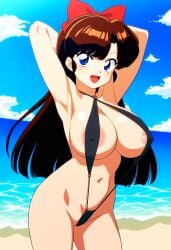 ai_generated beach blue_eyes brown_hair female hairbow large_breasts nipples novelai ranma_1/2 sling_bikini slingshot_swimsuit solo solo_female ukyo_kuonji