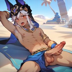 1boy ai_generated armpit_hair armpits belmark_boy cyno_(genshin_impact) erection genshin_impact hi_res male male_focus male_only masturbation nipples penis red_eyes solo solo_male testicles tongue tongue_out uncensored