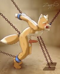 alphabet anthro bodily_fluids bondage canid canine captured chains cuff_(restraint) fox fox_mccloud genitals hi_res male male_ryona mammal nintendo nipple_piercing nipples nose_hook nude pain penis piercing restraints shackles solo star_fox stress_position struggling sweat torture ziggy_s