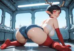 ai_generated antlers black_hair blush elf_ears eye_contact female flirty gamer_girl mimic pixie_cut provocative_pose red red_eyes seductive_expression short_hair smile suggestive sultry teasing usebackdooronly zombiegamerist