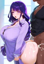 1boy 1girls abs ai_generated ass ass_focus ass_jiggle bottomless cum cum_inside cum_on_ass dark-skinned_male emotionless female_focus genshin_impact impact_lines interracial light-skinned_female penis penis_in_ass penis_in_pussy pijama purple_clothing purple_hair purple_shirt raiden_shogun rear_focus shirt straight tongue_out wobble wobbling_ass