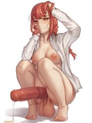 1futa animal_genitalia animal_penis artist_name balls barefoot big_balls big_breasts bottomless braid braided_ponytail breasts chainsaw_man closed_mouth clothed clothing erection female full_body futa_only futanari highres horse_penis horsecock horsecock_futanari huge_cock human light-skinned_futanari light_skin long_hair long_sleeves looking_at_viewer makima_(chainsaw_man) medium_breasts mostly_nude nipples open_clothes open_shirt penis precum precum_drip red_hair ringed_eyes seraziel shirt simple_background solo squatting testicles uncensored veins veiny_penis white_background white_shirt yellow_eyes