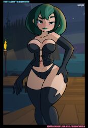 1girls armwear background bare_shoulders blush breasts clothed corset female gloves green_eyes green_hair green_lips gwen_(tdi) hand_on_hip island looking_at_viewer makeup navel night panties short_hair signature smiling solo text theidiotmuffin thighhighs total_drama_island url wide_hips