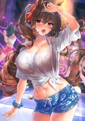 animal_ears black_hair blue_bottomwear blue_shorts blurry blurry_background blush bra_visible_through_clothes breasts brown_hair cleavage commentary_request daiwa_scarlet_(umamusume) dance_floor dancing female female_only front_knot_midriff hair_intakes hair_ribbon highres horse_ears horse_girl horse_tail kawai_(purplrpouni) large_breasts midriff multiple_girls navel open_mouth pink_bottomwear pink_shorts red_eyes ribbon scrunchie see-through see-through_shirt shirt short_shorts short_sleeves shorts solo_focus stomach tail thighs tied_shirt tomboy umamusume white_shirt wrist_scrunchie