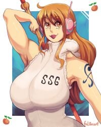 1girls absurd_res arm_behind_head armpits big_breasts falkeart female female_only headphones light_blush lipstick long_hair looking_at_viewer nami nami_(one_piece) one_piece orange_eyes orange_hair post-timeskip smiling smiling_at_viewer solo tattoo_on_arm three-quarter_portrait