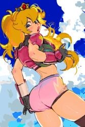 1girls ass clothed lacryboy mario_(series) mario_strikers melanpsycholia nintendo pink_shorts princess_peach sky solo standing uncensored