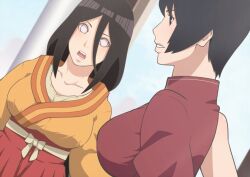 2girls big_breasts black_hair boruto:_naruto_next_generations breast_focus breasts brown_hair busty cleavage dress eeshin_(eishin5584) female female_only fully_clothed hyuuga_hanabi kimono kurotsuchi long_hair multiple_girls naruto naruto_(series) short_hair sideboob upper_body yukata