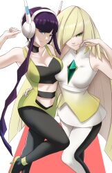 2girls arm_around_waist bangs blonde_hair blue_eyes breasts cleavage elesa_(pokemon) english_commentary female female_only green_eyes hair_over_one_eye headphones high_heels highres long_hair lusamine_(pokemon) medium_breasts multiple_girls official_alternate_costume pantyhose pokemon pokemon_(game) pokemon_bw pokemon_bw2 pokemon_sm pomelomelon purple_hair smile very_long_hair white_background yellow_heels