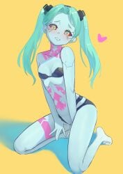 1girls blush cyberpunk:_edgerunners cyberpunk_2077 female_only flat_chest flat_chested green_eyes hirotaka0125 lingerie long_hair looking_at_viewer rebecca_(edgerunners) red_sclera small_breasts smile tattoo teal_hair teal_skin