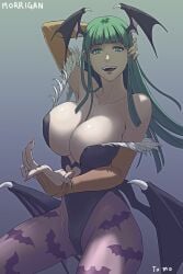 1girls aqua_eyes bat_wings big_breasts blue_eyes breasts capcom clothing curvy darkstalkers female female_focus female_only green_hair huge_breasts large_breasts light-skinned_female light_skin long_hair morrigan_aensland side_view solo solo_female solo_focus succubus succubus_costume tagme thick_thighs thighs tomo_eokaiteru voluptuous white_body wings