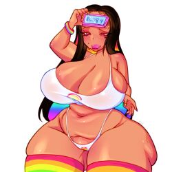 1girls black_hair blush cleavage dark-skinned_female dark_skin female female_only heart_tattoo huge_breasts huge_thighs lastgreendragon long_hair multicolored_hair narrowed_eyes pink_eyes pink_lipstick rainbow_thigh_highs solo solo_female sona_(cinnabus) striped_thighhighs tank_top tattoo tattoo_under_eye thighhighs thong very_high_resolution white_background wide_hips