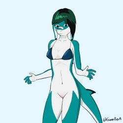 2022 5_fingers anthro bikini blacktip_shark bottomless breasts carcharhinus clothed clothing digital_drawing_(artwork) digital_media_(artwork) female fingers fish genitals giannipapetti green_eyes green_hair hair hi_res lamnid lamniform mako_shark marine multicolored_body piper_(giannipapetti) portrait pussy requiem_shark scalie shaded shark signature simple_background solo swimwear teal_body three-quarter_portrait topwear