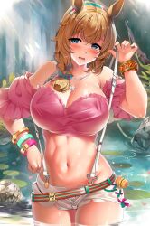 abs animal_ears bangs bare_shoulders belt blue_eyes blush bracelet braid breasts cleavage collarbone female highres horse_ears horse_girl jewelry kawai_(purplrpouni) large_breasts light_brown_hair light_rays looking_at_viewer medium_hair necklace off-shoulder_shirt off_shoulder open_mouth pond shirt short_shorts shorts side_braid solo suspender_shorts suspenders taiki_shuttle_(bubblegum_memories)_(umamusume) taiki_shuttle_(umamusume) thighs umamusume wading wet white_shorts