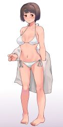 1girls barefoot bikini breasts brown_eyes brown_hair female full_body gradient gradient_background highres hyuuga_(kantai_collection) jacket kantai_collection looking_at_viewer medium_breasts short_hair solo standing swimsuit tooku_nomura_(artist) undressing white_background white_bikini white_jacket