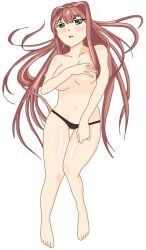 1girls 5_fingers 5_toes black_panties blush breasts brown_hair covered_nipples covering covering_breasts doki_doki_literature_club dylanmac72 dylanmac_(artist) female female_only green_eyes green_hair long_hair monika_(doki_doki_literature_club) naked nude panties solo solo_female solo_focus white_background