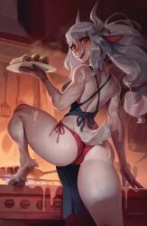 2022 2d anthro appliance apron ass batter beauty_mark bonifasko bovid camel_toe caprine caprine_demon clothing demon digital_media_(artwork) female food fur goat goat_demon goat_lucifer_(helltaker) hair helltaker hi_res hooves horn kitchen long_hair looking_at_viewer lucifer_(helltaker) mammal pancake plate red_eyes solo stove suggestive_fluid sweat sweaty thong underwear white_body white_fur