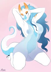 anthro areola big_breasts blue_eyes breasts digital_media_(artwork) dragon female genitals hair hi_res horn long_hair maaia mane nipples one_eye_closed pussy scales scalie wink