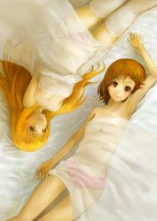 +_+ 10s 2013 2girls armpits bare_shoulders bed_sheet blonde_hair blush breasts brown_eyes brown_hair cleavage collarbone covered_breasts feet_out_of_frame female gekota gloves hair_ornament hairclip hi_res large_breasts long_hair looking_at_viewer matching_hair/eyes misaka_mikoto multiple_girls navel no_bra nude nude_female pajant panties see-through shokuhou_misaki short_hair small_breasts socks teenage_girl teenager thigh_socks thighhighs to_aru_kagaku_no_railgun to_aru_majutsu_no_index topless transparent underwear unusual_pupils white_gloves white_sheets white_socks white_thighhighs yellow_eyes young