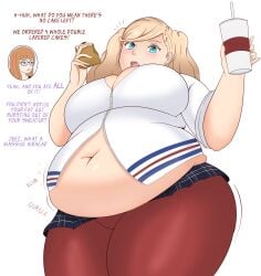 1girls ann_takamaki bbw belly belly_overhang big_belly big_breasts blonde_hair breasts chubby chubby_female dialogue fat fat_girl fat_shaming fat_woman female large_breasts obese obese_female overweight overweight_female persona persona_5 sakura_futaba stomach_noises sunnachi text thick_thighs twintails weight_gain wide_hips