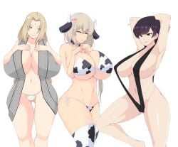 3girls alternate_version_available armpits big_breasts bikini bikini_bottom bikini_top black_eyes black_hair black_sling_bikini blonde_hair bottomwear breasts brown_eyes cleavage closed_eyes cow_ears cow_horns cow_print cow_print_bikini cow_print_thighhighs cowbell crossover female female_only forehead_jewel grey_hair hair huge_breasts komi-san_wa_komyushou_desu komi_shuuko large_breasts lips long_hair mature mature_female mature_woman milf mother multiple_girls naruto naruto_(series) neckwear open_robe panties robe short_hair skimpy skimpy_bikini sling_bikini sombra222 swimsuit swimwear topwear tsunade uzaki-chan_wa_asobitai! uzaki_tsuki white_panties