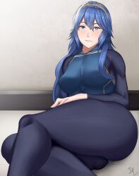 1girls arcedo ass blue_eyes blue_hair breasts female female_only fire_emblem fire_emblem_awakening large_ass large_breasts legs long_hair looking_at_viewer lucina_(fire_emblem) nintendo pantyhose sitting smile symbol-shaped_pupils thick_thighs thighs tiara