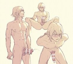 1boy abs arms_behind_back arms_tied arms_tied_behind_back bar_censor blush bondage dimitri_alexandre_blaiddyd embarrassed embarrassed_nude_male fire_emblem fire_emblem:_three_houses male male_only masturbation nude nude_male redaster8 rope_bondage submissive_male