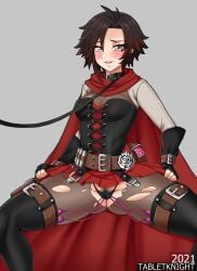 belt black_and_red_hair blush cape collar condom corset drooling grey_background hands_on_hips holding_skirt hood leash legs legs_apart looking_at_viewer multiple_sex_toys pubic_hair pubic_hair_peek pulling_up_skirt rooster_teeth ruby_rose rwby seductive seductive_eyes seductive_look seductive_smile sex_toy silver_eyes solo squatting tabletknight thick_thighs thighs thong torn_clothes torn_clothing torn_pantyhose torn_stockings two_tone_hair vibrator vibrator_in_pussy vibrator_under_panties