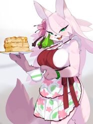 1girls anthro apron areola_slip blush canine eyebrows_visible_through_hair female female_only flower_in_hair fox fox_ears fur furry furry_only green_eyes hi_res kame_3 kemono long_hair looking_at_viewer narrowed_eyes pancake pink_fur pink_hair side_view sideboob slit_pupils smiling smiling_at_viewer solo solo_female syrup tray white_background