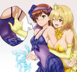 +_+ 2020 2020s 2girls ;d bangle bangs bare_shoulders between_breasts blonde_hair blush bow bowtie bracelet breasts brown_eyes brown_hair cleavage collarbone covered_navel crown dress elbow_gloves electricity electrokinesis flower gloves grey_background hairband hi_res inset isse jewelry large_breasts long_hair matching_hair/eyes misaka_mikoto multiple_girls navel navel_visible_through_clothes nose_blush official_alternate_costume one_eye_closed open_mouth parted_lips purple_flower purple_hairband purple_rose rose shokuhou_misaki short_hair shoulder_blades simple_background sleeveless sleeveless_dress small_breasts smile sparkling_eyes strapless strapless_dress sweat teenage_girl teenager teenager_on_teenager to_aru_kagaku_no_railgun to_aru_majutsu_no_index unusual_pupils yellow_bow yellow_dress yellow_gloves yellow_neckwear young yuri