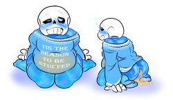 1boy 2d after_sex big_belly blue_body bottomless cum cumflation ectobody implied_incest inflation kneeling male male_only mellednsfw orange_cum sans solo sweater undertail undertale undertale_(series) undertale_sans