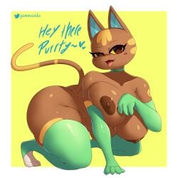 1:1 2022 absurd_res animal_crossing anthro areola armwear big_breasts border breasts clothing dialogue digital_media_(artwork) domestic_cat elbow_gloves english_text fangs felid feline felis female gammainks gloves handwear hi_res huge_breasts katt_(animal_crossing) legwear looking_at_viewer mammal nintendo nipples open_mouth solo text tongue tongue_out video_games white_border