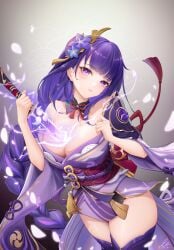 1girls breasts busty curves energy_sword female female_only genshin_impact goddess hair_ornament hips japanese_clothes liao_(artist) light_skin lightning liu_liaoliao looking_at_viewer posing purple_eyes purple_hair raiden_shogun revealing_clothes sword tagme wide_hips