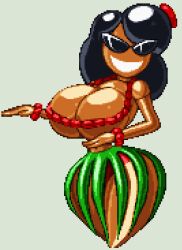 2018 big_breasts black_hair casetermk curvy_figure dark_skin deviantart disney female flower_bracelet flower_in_hair grass_skirt grey_background grin grinning huge_boobs hula hula_dancer hula_girl hula_skirt hyper_bimbo knick_knack lei pixar pixel_art red_bikini_bottom shiny_skin sunglasses sunny_miami tan_skin thick_thighs topless topless_female visible_underwear wide_hips