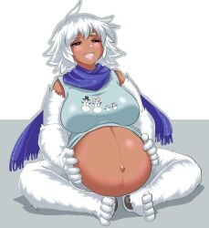 1girls animal_hands animal_legs big_breasts black_eyes blush dark-skinned_female dark_skin female female_only happy hi_res imperiumdraws medium_hair monster_girl monster_girl_encyclopedia narrowed_eyes open_mouth pawpads pregnant sitting solo solo_female white_fur white_hair yeti_(monster_girl_encyclopedia)