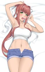 1girls 2020s 2022 armpits bed big_breasts blue_bottomwear blush breasts byeon_dha denim_shorts doki_doki_literature_club eye_contact female female_only green_eyes hair_ribbon light_skin lollipop long_hair looking_at_viewer lying_on_bed monika_(doki_doki_literature_club) panties red_hair shorts solo tank_top thick_thighs unzipped_shorts white_panties white_topwear white_underwear