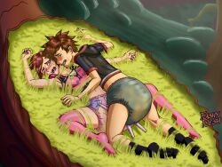 1boy abdl blue_eyes brown_hair diaper diaper_fetish diapered_lovers female ferngully flashyflesh(artist) full_body_stuck kairi kingdom_hearts red_hair snail sora sticky_slime stuck_in_slime stuck_on_snail stuck_together vibrator_on_diaper wet_diaper