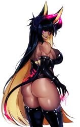 1girls animal_ears anput_(bladechan28) ass black_hair black_lipstick bladechan28 blonde_hair blunt_bangs claws clothed_female dark-skinned_female dark_skin egyptian elbow_gloves female female_only gloves horns lipstick looking_at_viewer makeup original pink_eyes solo tail two_tone_hair