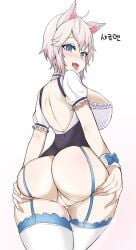 absurdres asanagi_(style) ass ass_grab blue_eyes blush bow breasts fangs female garter_straps highres kim_wang_jang large_breasts no_panties open_mouth original pussy saliva solo thigh_gap thighhighs tongue tongue_out uncensored white_hair