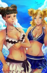 2girls bare_shoulders bikini blonde_hair blunt_bangs boruto:_naruto_next_generations breasts brown_eyes brown_hair busty ceryliarectris cleavage double_bun earrings female female_only hair_bun looking_at_viewer mature mature_female midriff milf miniskirt multiple_girls naruto naruto_(series) parted_bangs pelvic_curtain quad_tails revealing_swimsuit skimpy skimpy_bikini skirt smile swimsuit take_your_pick teal_eyes temari tenten tied_hair twin_buns