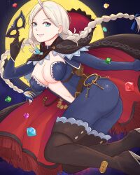 1girls absurdres ahoge alternate_costume ass bangs big_ass black_cape black_gloves blue_bodysuit bodysuit boots braid breasts cape capelet center_opening chains cleavage coin commission diamond_(gemstone) domino_mask earrings eye_mask female female_only fire_emblem fire_emblem_fates fire_emblem_heroes full_moon gem gloves gold_chain gold_coin high_heel_boots high_heels highres holding holding_mask hood hooded_cape jewelry key keyring leather_belt long_hair looking_at_viewer low_twintails mask mask_removed medium_breasts moon navel night nina_(fire_emblem) nina_(thief)_(fire_emblem) nintendo non-web_source official_alternate_costume parted_bangs partially_unzipped red_cape red_capelet skin_tight smile thigh_boots truejekart twin_braids twintails two-tone_bodysuit two-tone_cape