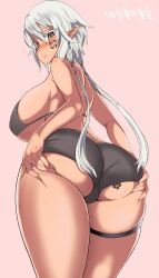 asanagi_(style) ass ass_grab bikini black_bikini breasts brown_eyes dark-skinned_female dark_elf dark_skin dungeon_and_fighter elf female female_focus grabbing_own_ass highres huge_ass huge_breasts kim_wang_jang long_hair panties pointy_ears rogue_(dungeon_and_fighter) silver_hair solo swimsuit tattoo underwear very_long_hair